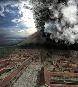 Computer generated imagery of the eruption of Mount Vesuvius as seen from Pompeii in 79 AD.