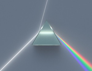 Illustration of a dispersive prism decomposing white light into the colours of the spectrum, as discovered by Newton. Image credit: Spigget on Wikimedia Commons.