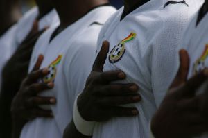 Ghana National Football team as their national anthem plays at the World Cup.. Image credit: Benjamin Mussler.