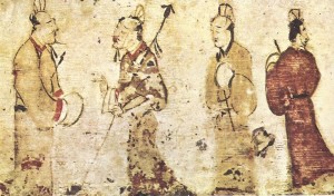 Eastern Han tomb painting, by an Anonymous Chinese artist. Scanned from Anil de Silva's book The Art of Chinese Landscape Painting (1968).